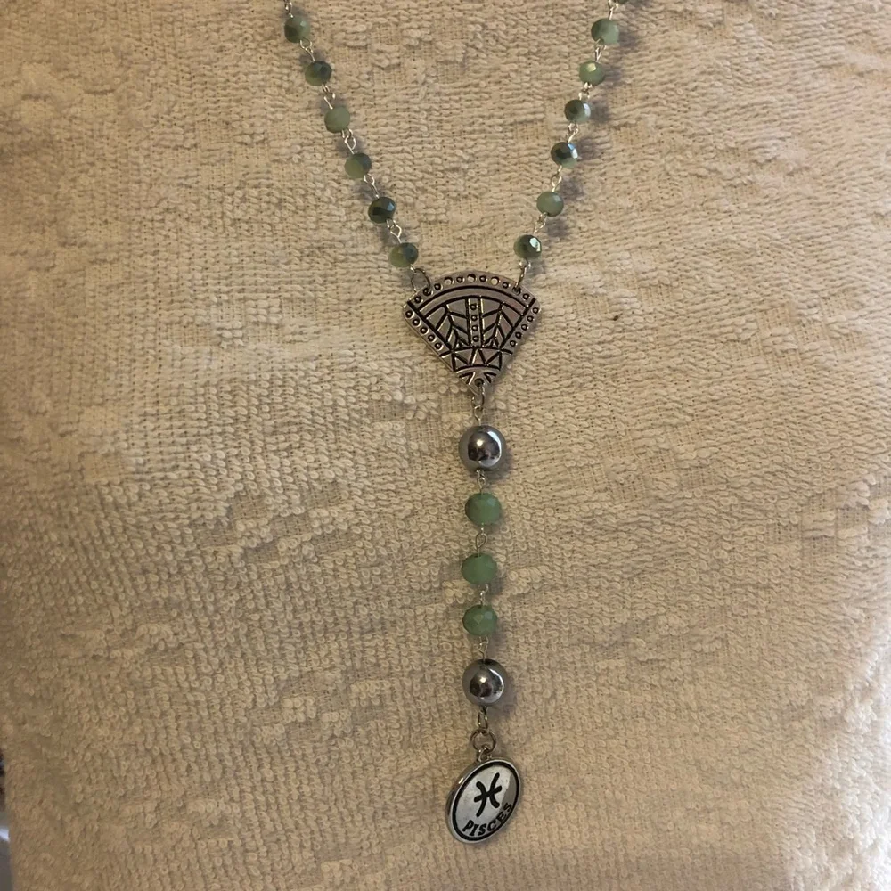 Pisces Zodiac seafoam green beaded rosary necklace handmade - Picture 3 of 7